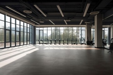  an empty gym with lots of windows and a row of exercise bikes on the wall in the center of the room with a view of the city.  generative ai