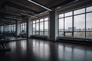  a gym with a view of the city outside the window and a row of treadmills in the foreground of the photo, and a row of exercise machines in the foreground.  generative ai