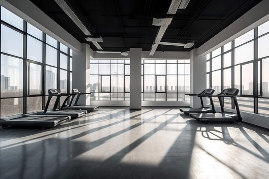  a gym with treadmills and windows overlooking a cityscape and skyscrapers in the distance, in a black and white photo.  generative ai