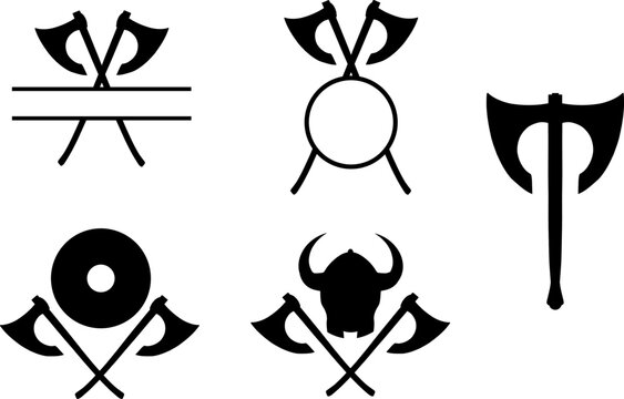 Silhouette: Set gekreuzte &Auml;xte - Wikinger . Symbol mit Wikingerhelm