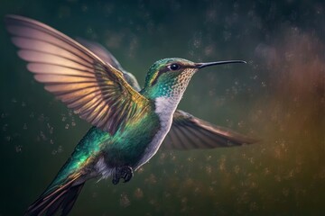 Obraz premium Close up photo of hummingbird flying on green background, generative ai