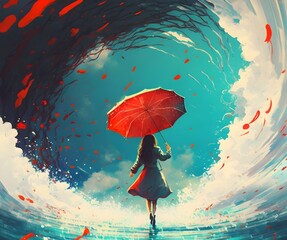 girl with red umbrella makes a swirling water in the sky, digital art style, illustration painting, Generative AI