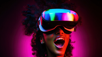 Naklejka na ściany i meble Portrait of an African-American woman in astonishment wearing a virtual reality headset. Vivid colors neon glowing HMD generative ai