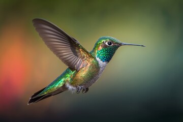 Fototapeta na wymiar Close up photo of hummingbird flying on green background, generative ai