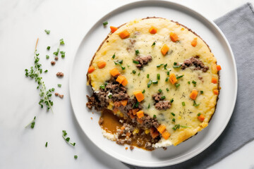 Keto Shepherds Pie On Plate, White Background. Generative AI