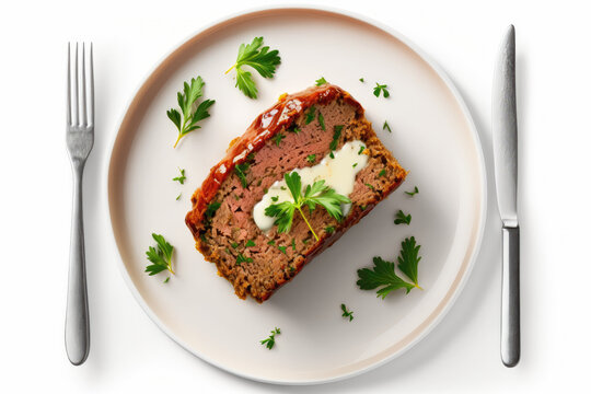 Keto Meatloaf On Plate, White Background. Generative AI