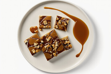 Toffee On Plate, White Background. Generative AI