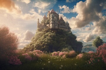 Castle of the King with Many flowers. Generative AI.