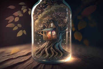 tree house in a glass bottle. Generative AI.