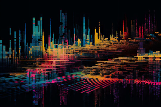 abstract colorful city background, digital glitch art, generative ai