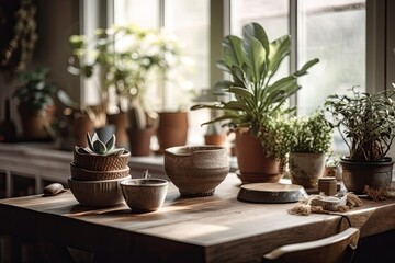 On the desk, there are indoor plants in a brown pot against a hazy background. Generative AI