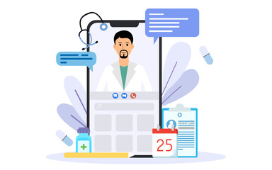 Online consultation via video calling on mobile app with male doctor through the phone screen.