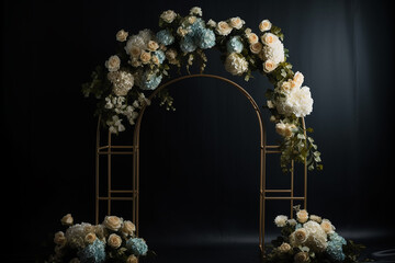 Casamento de metal ouro minimalista floral arco aberto camada única, hortênsias, fundo limpo, suporte de decoração,