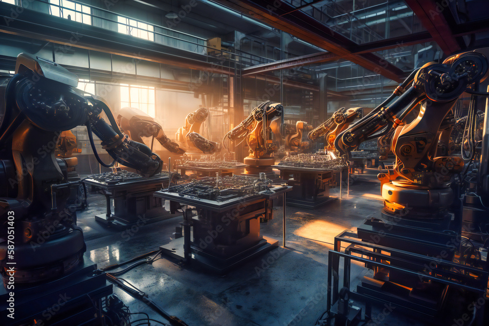 Poster a captivating depiction of smart industry robot arms, revolutionizing digital factory production wit
