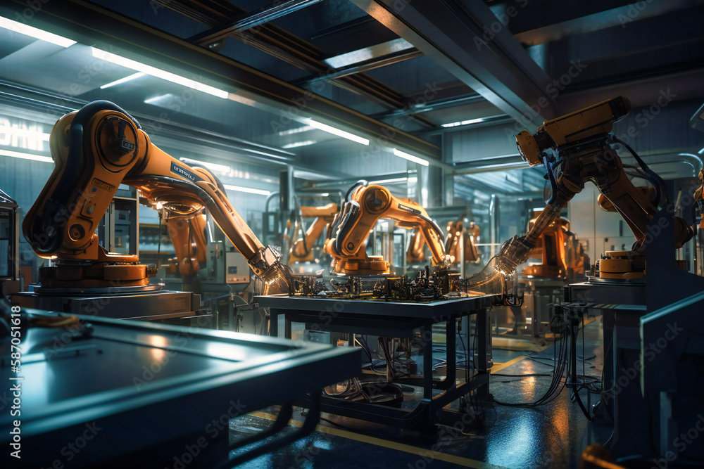 Poster a striking portrayal of cutting-edge robotic arms, seamlessly executing complex tasks to elevate dig