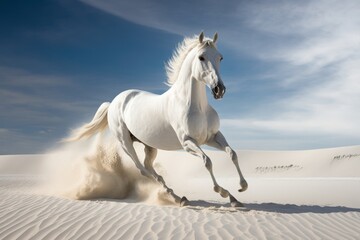 A white horse running in the sand dunes. Generative Ai