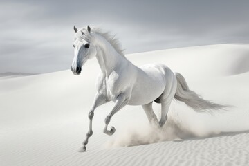 Obraz na płótnie Canvas A white horse running in the sand dunes. Generative Ai