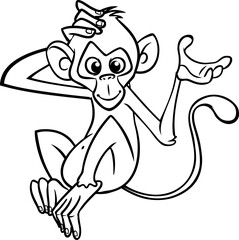 Fototapeta premium Cartoon funny monkey chimpanzee outlined. Vector illustration of happy monkey character for coloring book. Black and white contours animal