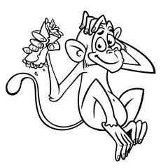 Cartoon funny monkey chimpanzee outlined. Vector illustration of happy monkey character for coloring book. Black and white contours animal