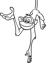 Cartoon funny monkey chimpanzee hanging upside down on a tree branch outlined. Vector illustration of happy monkey character for coloring book. Black and white contours animal