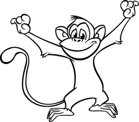 Cartoon funny monkey chimpanzee outlined. Vector illustration of happy monkey character for coloring book. Black and white contours animal