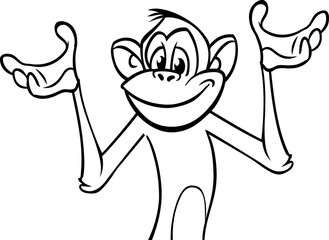 Obraz premium Cartoon funny monkey chimpanzee outlined. Vector illustration of happy monkey character for coloring book. Black and white contours animal