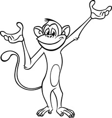 Cartoon funny monkey chimpanzee outlined. Vector illustration of happy monkey character for coloring book. Black and white contours animal