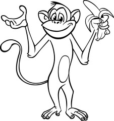 Cartoon funny monkey chimpanzee outlined. Vector illustration of happy monkey character for coloring book. Black and white contours animal