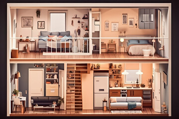 Cute house and interior cross section, Generative AI - obrazy, fototapety, plakaty