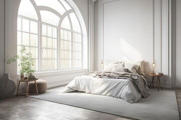 King size bed and bedside table are mounted to the wall in the corner of a white bedroom with an arched window. top view a mockup. Generative AI