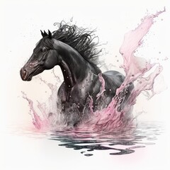 Fototapeta na wymiar watercolor black horse on pink water, isolated on white background, generative ai