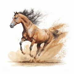 Watercolor illustration of a horse running on sand, isolated on white background. Generative Ai