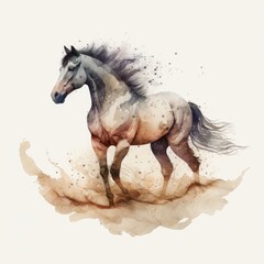 Naklejka na ściany i meble Watercolor illustration of a horse running on sand, isolated on white background. Generative Ai