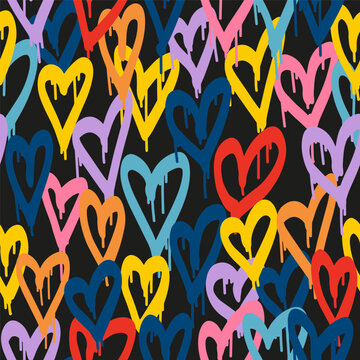 Graffiti hearts. Urban seamless pattern in street art style. Abstract print. Graphic underground unisex design for t-shirts and sweatshirt in bright neon colors.
