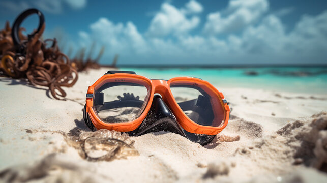 Diving goggles and snorkel gear on white sand near beach
