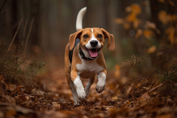 Beagle Portrait Running Outside in the Woods, Generative AI - 587053021