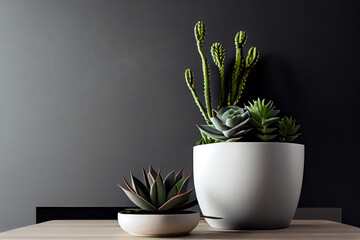 a pot of green succulents with a solid background material