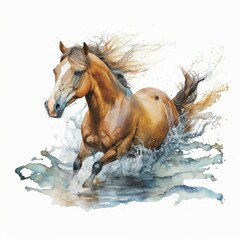 Obraz na płótnie Canvas Horse running through water, watercolor illustration, generative ai