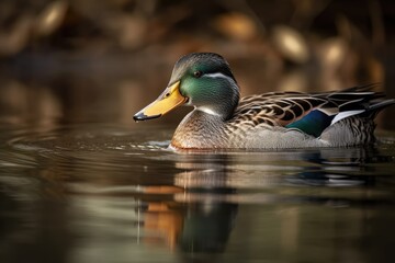 Mallard male duck swimming in a body of water. colored head. The end of winter. Detailed portrait. Generative AI