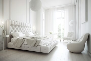  a white bedroom with a large bed and a chair in the corner of the room and a window in the corner of the room to the room.  generative ai
