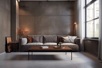 interior background style cushion space scandinavian loft room simple comfortable carpet lamp. Generative AI.