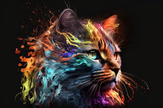  a colorful cat with a black background and a black background with a black background and a white cat with a black background and a colorful cat with a black background.  generative ai