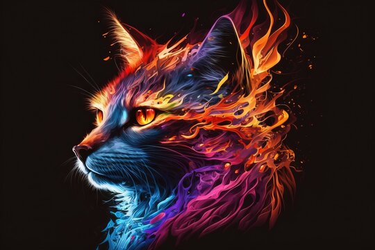  a colorful cat's face is shown with a black background and a red, yellow, and blue fireball in the center of the cat's face.  generative ai