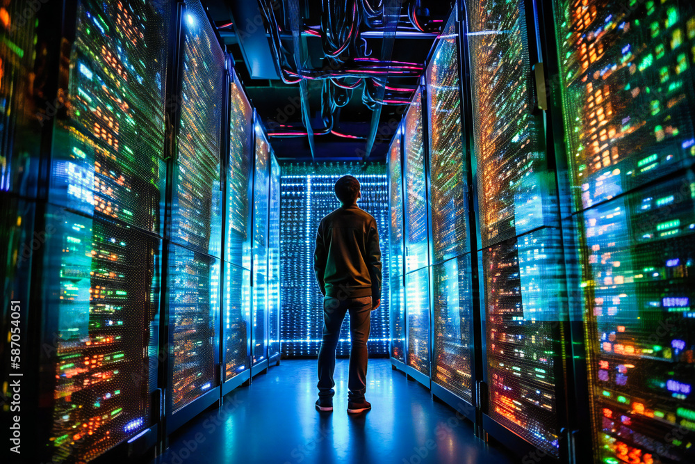 Poster a powerful low-angle shot of a talented individual, adeptly managing supercomputer systems with a di