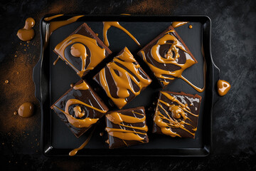Salted Caramel Brownies On Black Matte Plate. Generative AI