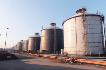 Oil refinery producing oil against the blue sky. AI generated