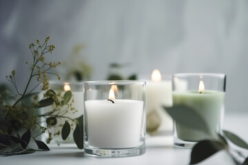 Obraz na płótnie Canvas Burning white scented candles in a glass on a table with plants nearby in a minimalist style. AI generated