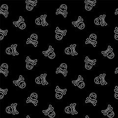 Small white contour linear skulls and crossbones isolated on a black background. Monochrome seamless pattern. Vector simple flat graphic illustration. Texture.