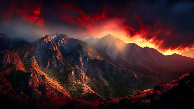 Mountainous landscape with rich shades of red orange. Generative AI.