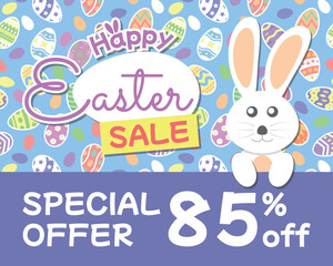Fototapeta premium Happy Easter Sale Special Offer 85% off with Rabbit Illustration and Easter Egg Background